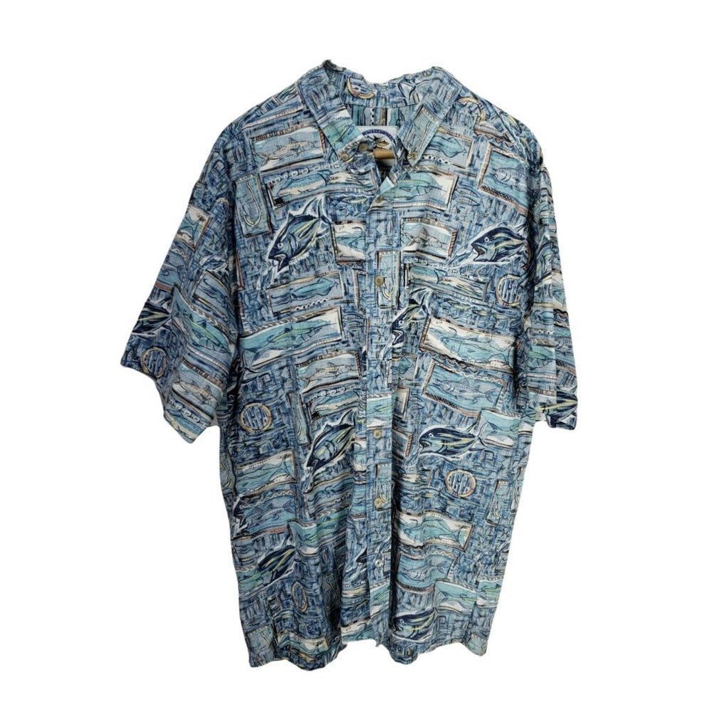 The International Gamefish Men Cotton Blue Fish Button Up Shirt Size XL